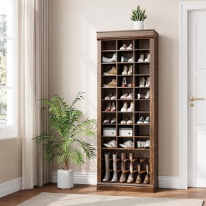 Tall Shoe Cabinet, 10 Tier Shoe Storage Cabinet, Freestanding Wooden Shoe Cabinet Organizer with 27 Cubbies and Tall Boots Storage - 1 of 4