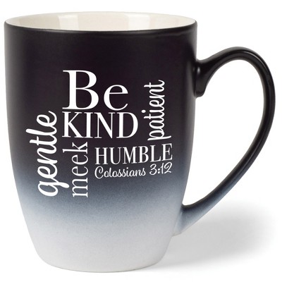 Elanze Designs Be Kind, Humble, Gentle, Meek, Patient Colossians 3:12 Two Toned Ombre Matte Black and White 12 ounce Ceramic Stoneware Coffee Cup Mug
