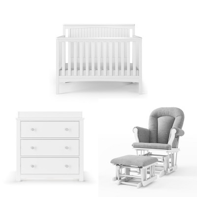 Child Craft Scout 4-Piece Nursery Set with 4-in-1 Convertible Crib, Dresser with Changing Table Topper, Cozy Glider, and Toy Box