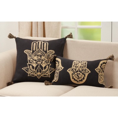 Black Cotton Hamsa Hand Embroidered Square Pillow with Tassels