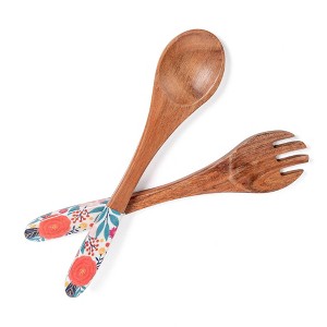 over&back Jess Phoenix Acacia Wood Enamel Finish Serving Utensils: 12" Brown Multicolored Fork & Spoon Set, 2 Pieces - 1 of 4