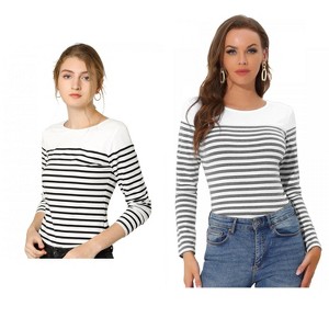 Allegra K Women's Color Block Round Neck Long Sleeves Striped Basic T-Shirt 2 Packs - 1 of 4