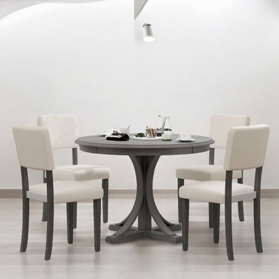 5-Piece Retro Round Dining Table Set with Upholstered Chairs – Solid Wood, Curved Legs for Dining Room and Kitchen