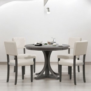 5-Piece Retro Round Dining Table Set with Upholstered Chairs – Solid Wood, Curved Legs for Dining Room and Kitchen - 1 of 4
