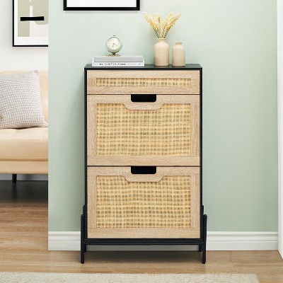 Rattan Shoe Storage Cabinet with 2 Flip Doors & 1 Drawer, 3-Tier Adjustable Shelves, Freestanding Organizer for Entryway Hallway Living Room