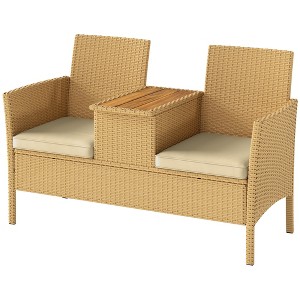 Patio Sofa Wicker Loveseat with Built-in Flip-Top Coffee Table and Cushions for Balcony, Garden, Lawn - 1 of 4