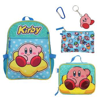 Kirby 5-Piece Set: 16" Backpack, Lunchbox, Utility Case, Rubber Keychain, and Carabiner