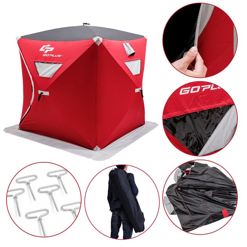 Costway Portable Pop-up 2-person Ice Shelter Fishing Tent Shanty w/ Bag Ice Anchors Red, 2 of 10