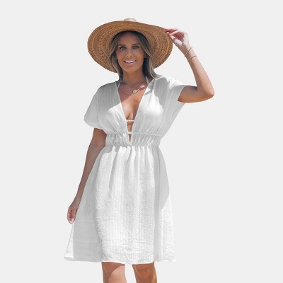 Women's White Deep V-neck Short Sleeve Cover Up Dress - Cupshe