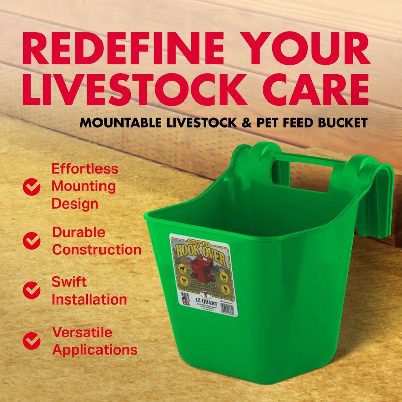 Little Giant 12 Quart Stackable Plastic Mountable Livestock & Pet Hook Over Bucket Feeder with Handle for Field, Trailer, Stall, or Kennel, Red, 2 of 7