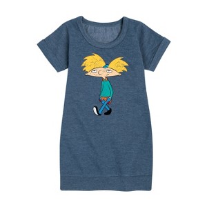 - Hey Arnold! - Distressed Arnold Graphic Short Sleeve Fleece Dress - 1 of 4