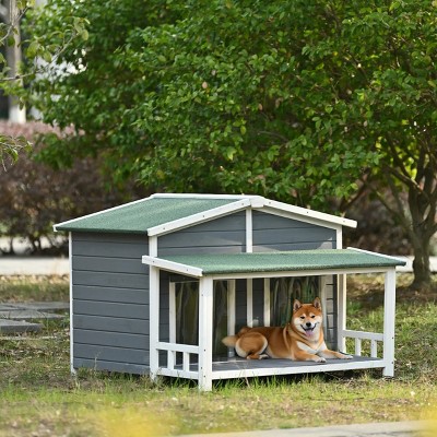 47'' Outdoor Wooden Dog House with Porch, Medium Dog Kennel with Water-Resistant Asphalt Roof, Fencing for Indoor & Outdoor Use – Cuddlewood