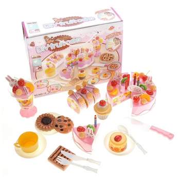Insten 75 Piece Toy Birthday Fruit Decorate Cake, Pretend Desserts Play Food Playset, Pink