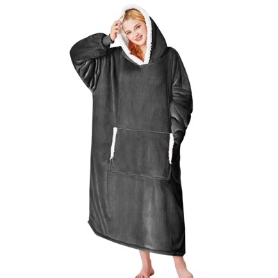 Inhand Gray Fuzzy Wearable Hoodie Blanket - Oversized Cozy Polyester Sweatshirt for Women, One Size Fits All - The Perfect Warm Gift