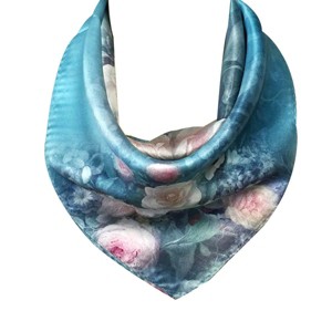 Wrapables 100% Charmeuse Silk Square Scarf Neckerchief, Roses on Aqua - 1 of 4