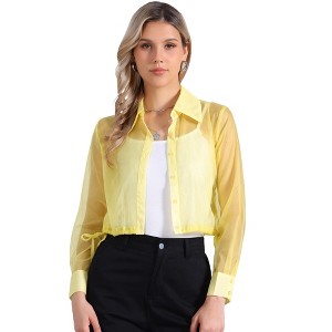 INSPIRE CHIC Women's Button Front Drawstring Hem Point Collar Mesh Sheer Long Sleeve Shirt - 1 of 4
