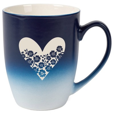 Elanze Designs Heart and Flowers 12 Ounce Ceramic Laser-Etched Engraved Drinkware Mug, Blue and White Ombre
