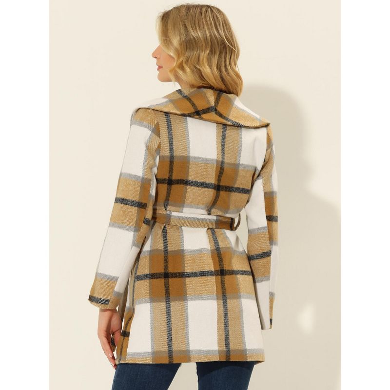 Allegra K Women's Shawl Collar Check Belted Wrap Plaid Coat with Pockets, 4 of 6