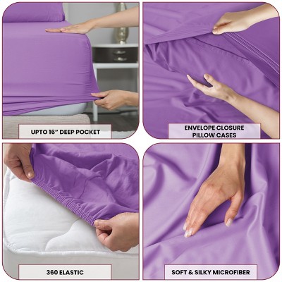 Twin Purple Microfiber Embroidered Deep Pocket Sheet Set