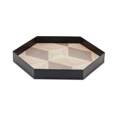 HomeRoots Set of Three Natural and Black Hexagon Iron Serving Tray