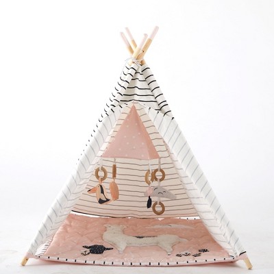 Wonder&Wise Striped Indoor Baby Toddler Childrens Foldable Canvas Activity Toy Teepee Play Tent with Llama Animal Floor Mat for Ages 6 Months and Up