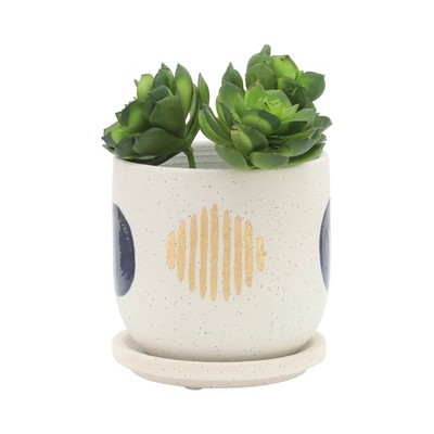 Set of 2 White Ceramic Funky Planter with Saucer 6" Contemporary Design
