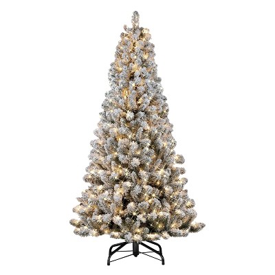 6.5ft Puleo Pre-lit Flocked Virginia Pine Christmas Tree with 300 Clear Incandescent Lights