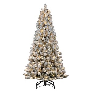 6.5ft Puleo Pre-lit Flocked Virginia Pine Christmas Tree with 300 Clear Incandescent Lights: Hypoallergenic, Easy Assembly - 1 of 3