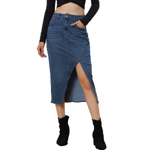 Allegra K Women's Casual High Waisted Front Slit Midi Length Denim Skirt - 1 of 4