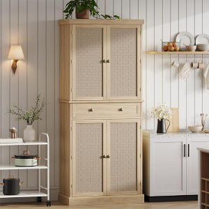 Pantry Cabinet, Kitchen Storage Cabinets with Doors and Shelves, 72" Tall Farmhouse Rattan Pantries with Drawers for Dining Room, Living Room - 1 of 4
