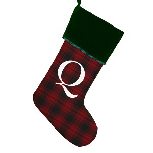 Personalization Mall Christmas Plaid Initial Christmas Stocking, Green Cuff - 1 of 2