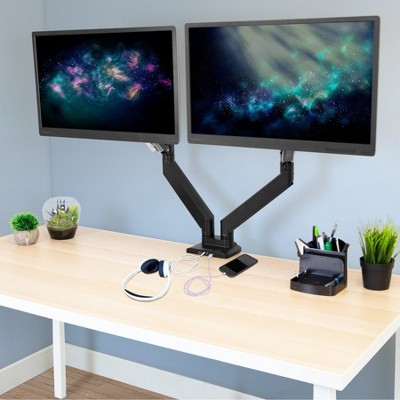 Black Dual Monitor Desk Mount with USB Ports and Adjustable Arms