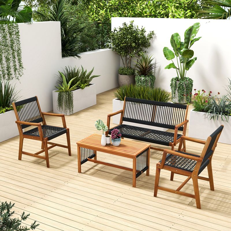 Costway Patio 4pcs Acacia Wood Conversation Table & Chair Set Hand-Woven Rope Outdoor, 4 of 10