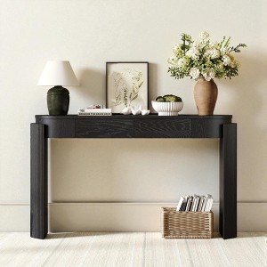 Mshliw Entryway Console Table with Fluted Legs, Dining Table, Oval Top and 2 Drawers, Solid Wood Grain Accent Table for Living Room or Hallway - 1 of 4