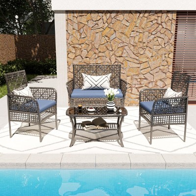 Outdoor 4 Pcs Patio Furniture Set, PE Rattan Conversation Set with Tempered Glass Table, Sofa with Iron Frame and PE Cushions-Coolbibila
