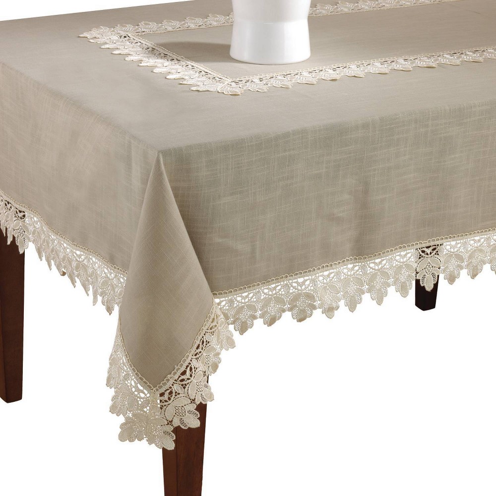 Photos - Tablecloth / Napkin Taupe Lace Trimmed Tablecloth  - Saro Lifestyle(65"x160")