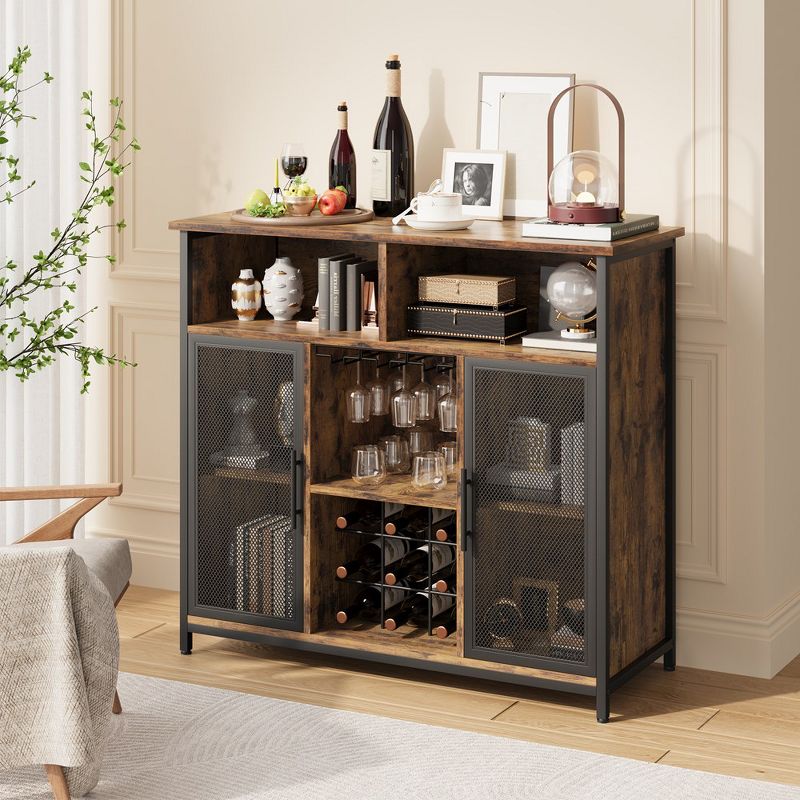 Coffee Bar Cabinet, Industrial Buffet Storage Cabinet with Mesh Doors and Adjustable Shelves, Rustic Sideboard for Kitchen Living Dining Room, 5 of 8