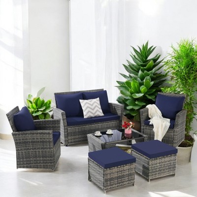 Mshliw 6-Piece Wicker Patio Furniture Set with Ottoman & Tempered Glass Coffee Table – Rattan & Cushions for Outdoor Garden, Patio, or Balcony