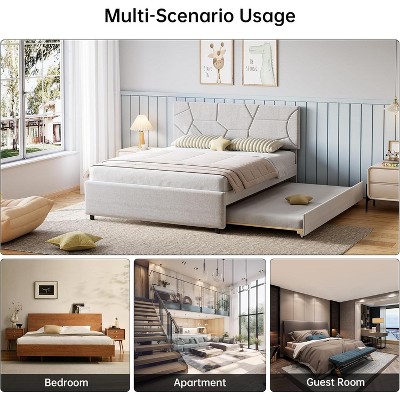 Full Size Upholstered Platform Bed Frame, Pull Out Bed with Headboard, Wood Slat Support, for Bedroom, Living Room, Guest Room, No Box Spring Needed