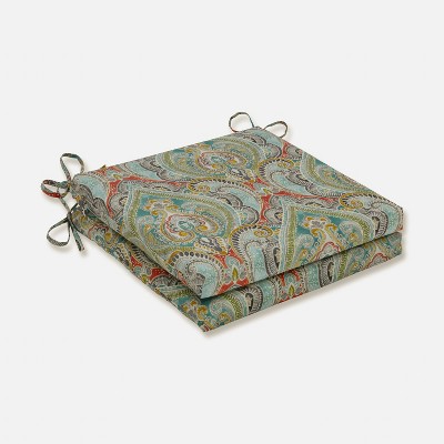 2pk Pretty Witty Reef Squared Corners Outdoor Seat Cushion Blue - Pillow Perfect: Weather-Resistant Chair Pads with Ties