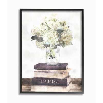 Stupell Industries White Florals on Bookstack Framed Giclee Art, Black, 11" x 14"