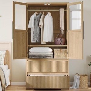 Bedroom Wooden Armoire Wardrobe Closet with Wood Doors, 2 Drawers, Hanging Rod, Freestanding Cabinet with Shelves - 1 of 4