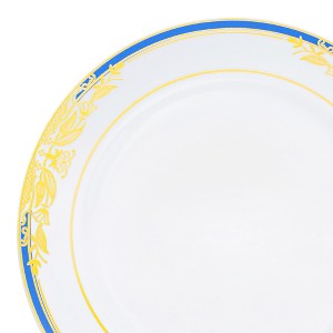 Smarty Had A Party 7.5" White with Blue and Gold Harmony Rim Plastic Appetizer/Salad Plates (120 Plates) - 1 of 4