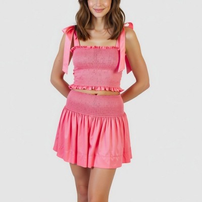 Knit & Lounge Women’s Smocked Crop Top with Bow Straps and Ruffled Hem Plus Smocked High-Waist Shorts