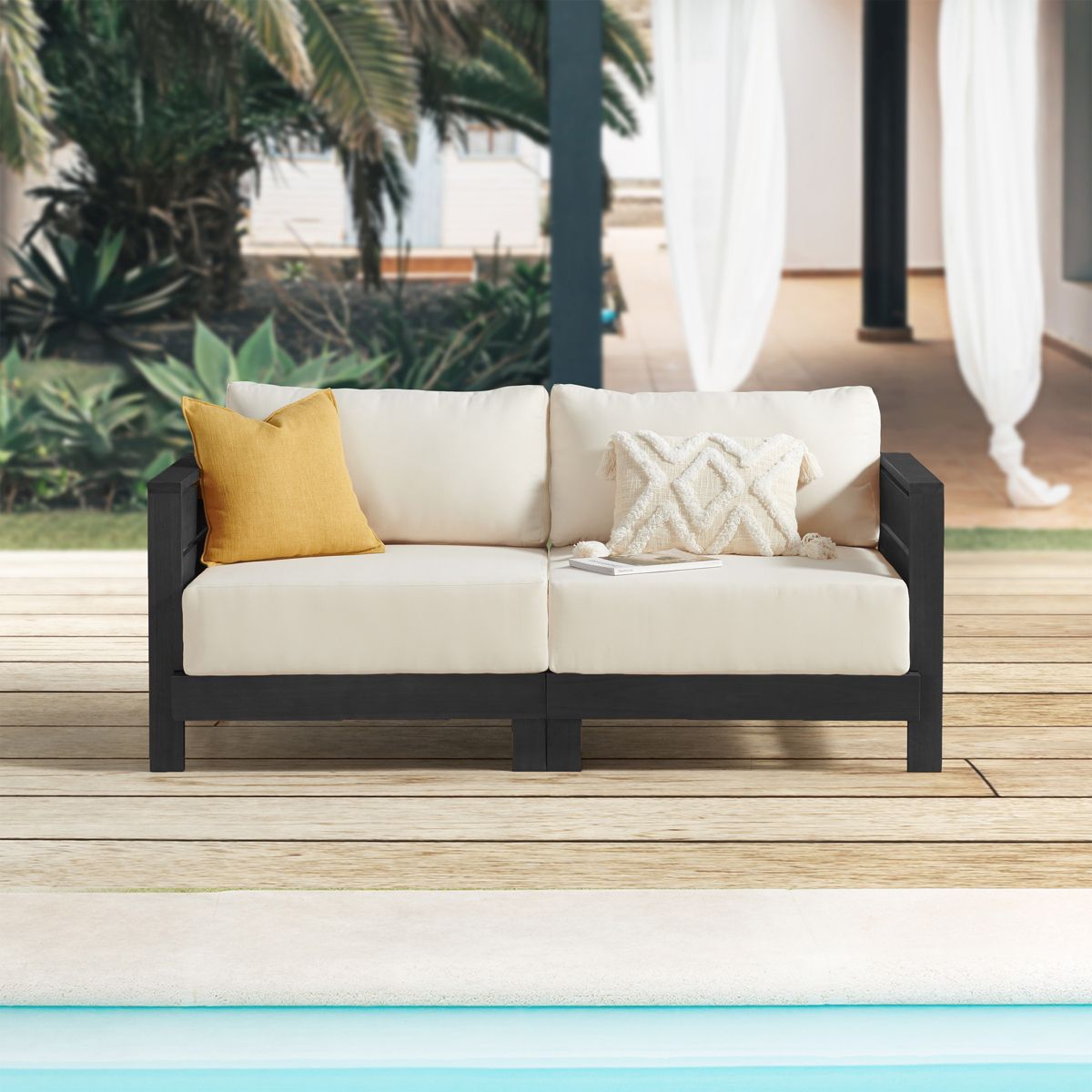 Alaterre Furniture Barton Outdoor Patio Loveseat - Weather-Resistant Eucalyptus Wood Outdoor Loveseat with Thick Cream Cushions - 2 Seater (Black) - thumbnail 2