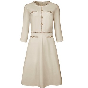 Hobemty Women's Elegant Office 3/4 Sleeve Tweed Trim Round Neck A-Line Dress - 1 of 4
