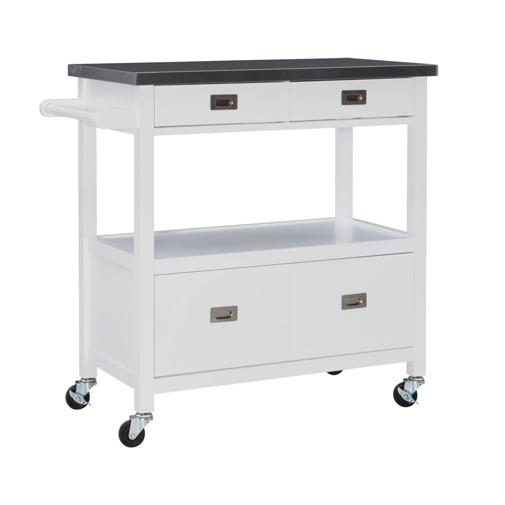 Photos - Other Furniture Linon Sydney White Wood Movable Kitchen Cart Stainless Steel Top Storage Drawers 