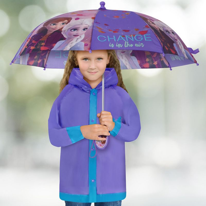 Frozen Elsa and Anna Girl’s Umbrella and Raincoat set, Kids Ages 4-7 (Blue/Purple), 2 of 6