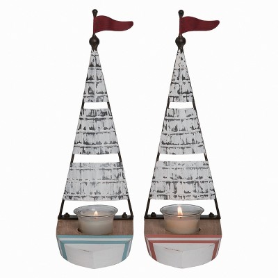 Transpac Large Wood Sailboat Candle Holder Decor Set of 2 KD Spring Home Decorations