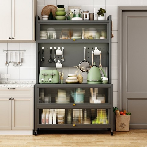 Garvee 5 Tier Kitchen Bakers Rack with Wheels, Microwave Stand with Storage, Kitchen Utility Storage Shelf with Cabinet for Kitchen Office Grey